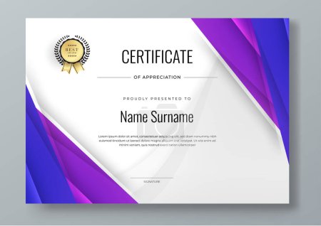 Illustration for Vector modern white, blue and purple, white and gold certificate of achievement template with badge - Royalty Free Image