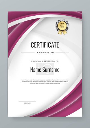 Modèle de certificat d'accomplissement violet, blanc et or coloré moderne vectoriel avec badge