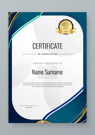 Illustration for Vector elegant gradient white and blue certificate of appreciation awards with badges template for business achievement and company - Royalty Free Image