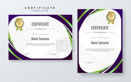 Vecteur élégant dégradé blanc vert et violet certificat d'appréciation prix avec modèle de badges pour la réalisation des affaires et de l'entreprise