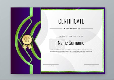 Illustration for Vector elegant gradient white green and purple certificate of appreciation awards with badges template for business achievement and company - Royalty Free Image