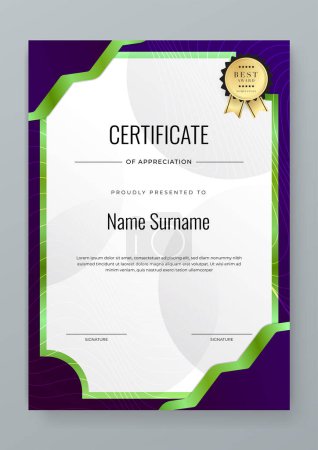 Illustration for Vector elegant gradient white green and purple certificate of appreciation awards with badges template for business achievement and company - Royalty Free Image