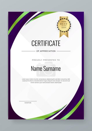 Vecteur élégant dégradé blanc vert et violet certificat d'appréciation prix avec modèle de badges pour la réalisation des affaires et de l'entreprise