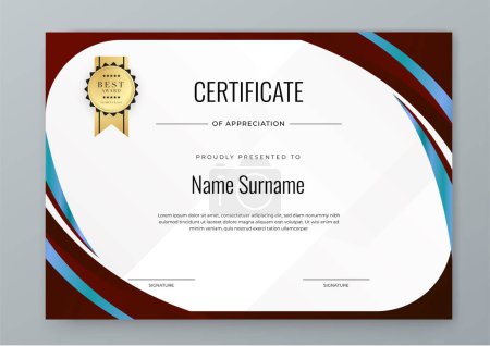 Certificat d'appréciation vectoriel élégant dégradé blanc, rouge foncé et bleu avec modèle de badges pour la réussite commerciale et l'entreprise