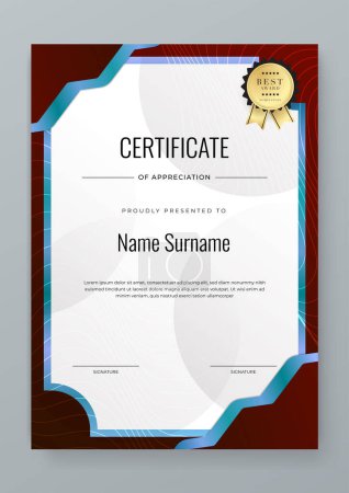 Illustration for Vector elegant gradient white, dark red and blue certificate of appreciation awards with badges template for business achievement and company - Royalty Free Image