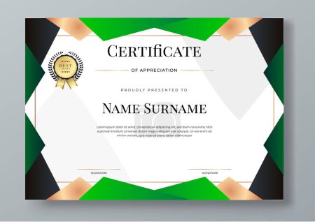 Illustration for Vector modern colorful green, white and gold certificate of achievement template with badge - Royalty Free Image
