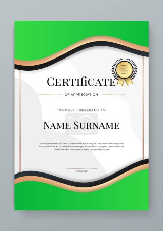 Illustration for Vector modern colorful green, white and gold certificate of achievement template with badge - Royalty Free Image