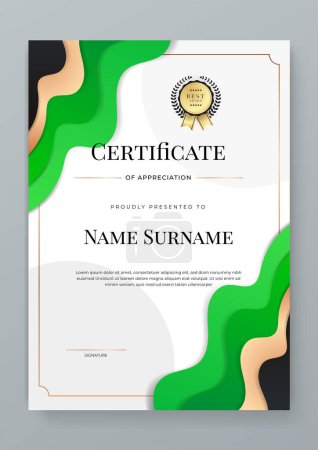 Modèle de certificat de réussite vectoriel moderne coloré vert, blanc et or avec badge