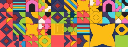 Abstract Geometric Pattern Artwork. Retro colors and color background. Grid with colored geometric shapes. Modern abstract promotional flyer, background, brochure, pattern.