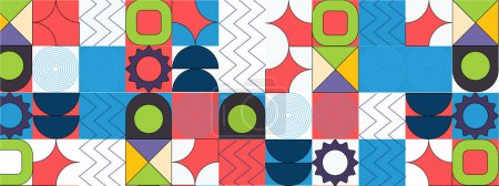 Abstraktes geometrisches Musterbild. Retro-Farben und Farbhintergrund. Gitter mit farbigen geometrischen Formen. Moderner abstrakter Werbeflyer, Hintergrund, Broschüre, Muster.