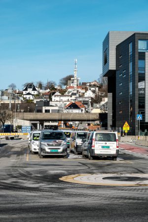 Photo for Sandnes, Norway, March 10 2023, Cars Or Vehicles Parked Outside Sandnes District Court House With No People - Royalty Free Image