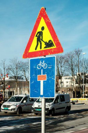 Photo for Sandnes, Norway, March 2023, Norwegian Road Traffic Warning Sign Men At Work Or Roadworks With No People - Royalty Free Image