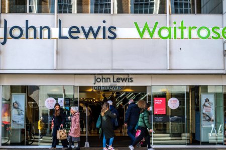 Photo for Kingston-Upon-Thames, London UK, February 12 2024,  Shoppers Entering  John Lewis Department Store And Waitrose Supermarket - Royalty Free Image