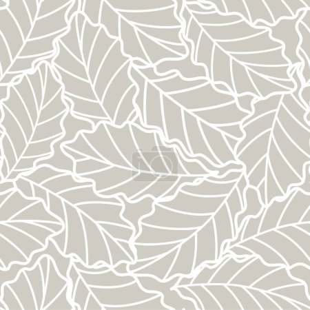 Foto de Fondo abstracto gris sin costuras con hojas de roble blanco dibujadas por líneas delgadas. Patrón floral - Imagen libre de derechos