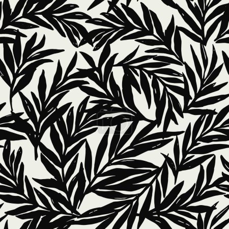Illustration for Seamless floral background with leaves. Hand drawn minimal abstract organic shapes pattern. Vector grey abstact pattern with black leaves. - Royalty Free Image