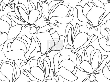Foto de Patrón floral blanco y negro sin costuras. Dibujo botánico. Esbozo de Magnolia. Línea vectorial dibujada hojas y flores ramas. Flores vectoriales. - Imagen libre de derechos