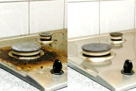 Photo for Collage of cleaning dirty and clean gas stove from grease, food leftovers bits of food before - after washing.kitchen stove. House home domestic cleaning service concept,chores,housework. - Royalty Free Image