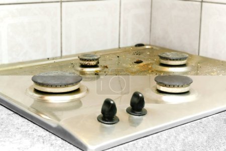 Photo for Collage of cleaning dirty and clean gas stove from grease, food leftovers bits of food before - after washing.kitchen stove. House home domestic cleaning service concept,chores,housework. - Royalty Free Image