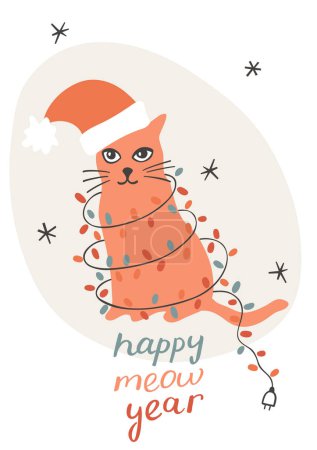 Carte de Noël avec drôle de chat roux portant le chapeau du Père Noël et emmêlé dans les guirlandes de lumières de Noël