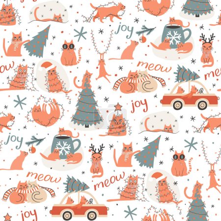 Illustration for Seamless Christmas pattern with ginger cats - Royalty Free Image