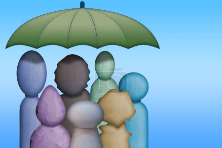 Téléchargez les photos : Personnages uniques et diversifiés regroupés sous un parapluie, symbolisant le concept de diversité et d'inclusion. - en image libre de droit