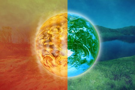 Planet Earth split in two showing two extreme outcomes of climate change management.