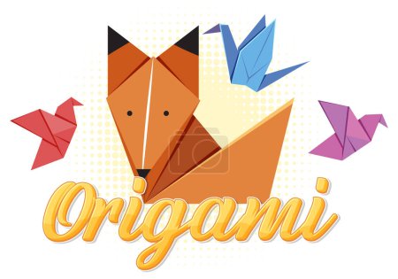 Téléchargez les illustrations : Origami renard et oiseaux avec illustration texte - en licence libre de droit