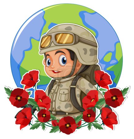 Téléchargez les illustrations : Soldat avec illustration de personnage de dessin animé coquelicot - en licence libre de droit