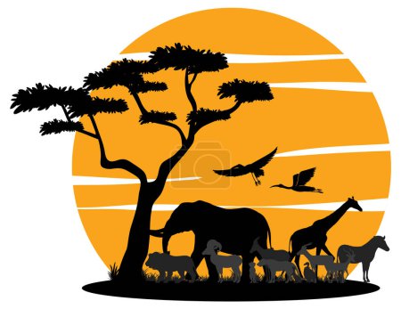 Ilustración de Silueta de animales salvajes con ilustración del atardecer - Imagen libre de derechos
