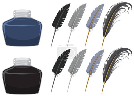 Téléchargez les illustrations : Black and blue inks with feather pen quills illustration - en licence libre de droit