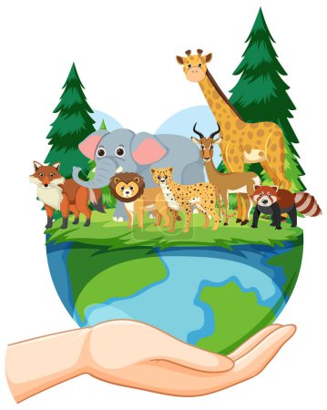 Téléchargez les illustrations : Animals standing on earth planet illustration - en licence libre de droit