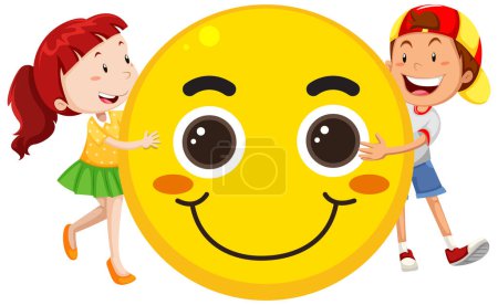 Téléchargez les illustrations : Two happy kids hugging big smile emoji illustration - en licence libre de droit