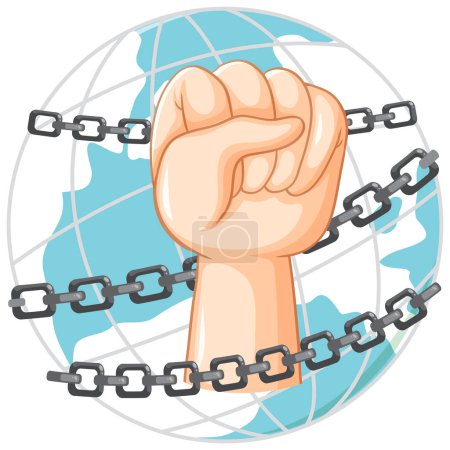 Téléchargez les illustrations : A fist hand on chained globe illustration - en licence libre de droit