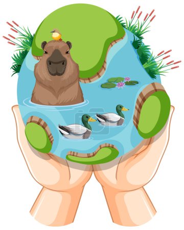 Téléchargez les illustrations : Capybara and duck in planet earth vector illustration - en licence libre de droit