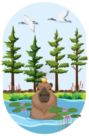 Téléchargez les illustrations : Capybara in pond nature background illustration - en licence libre de droit