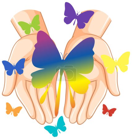 Illustration for Rainbow butterfly on human hands illustration - Royalty Free Image