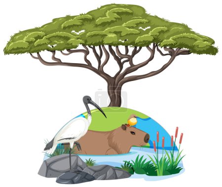 Téléchargez les illustrations : Capybara in nature pond illustration - en licence libre de droit