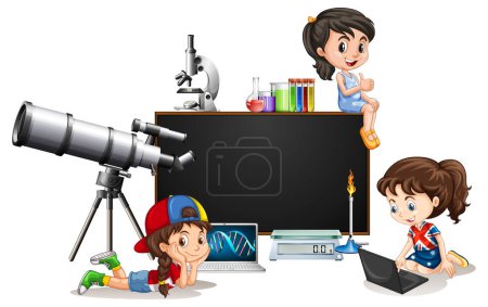 Ilustración de Children with science objects illustration - Imagen libre de derechos