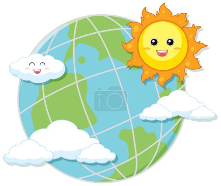 Illustration for Earth globe with smile sun and cloud illustration - Royalty Free Image