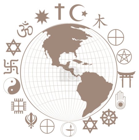 Religious symbols around earth planet illustration