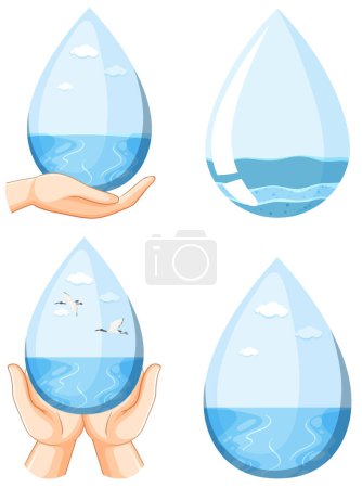 Téléchargez les illustrations : Waterdrop with human hand icons set illustration - en licence libre de droit