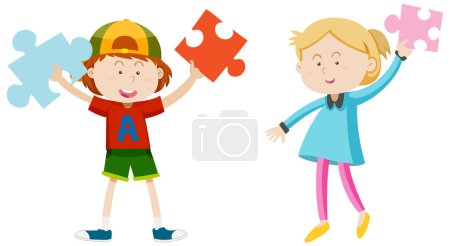 Téléchargez les illustrations : Kids holding pieces of jigsaw puzzle illustration - en licence libre de droit