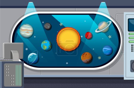 Téléchargez les illustrations : A room decorated with solar system planets template illustration - en licence libre de droit