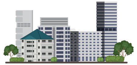 Ilustración de Urban landscape with houses and buildings illustration - Imagen libre de derechos