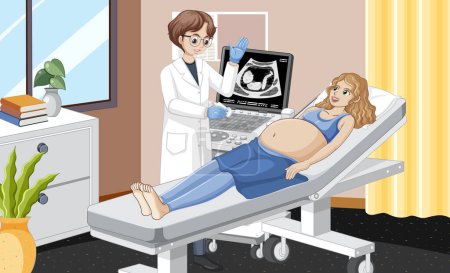 Ilustración de Doctor doing ultrasound scan for pregnant woman in hospital illustration - Imagen libre de derechos