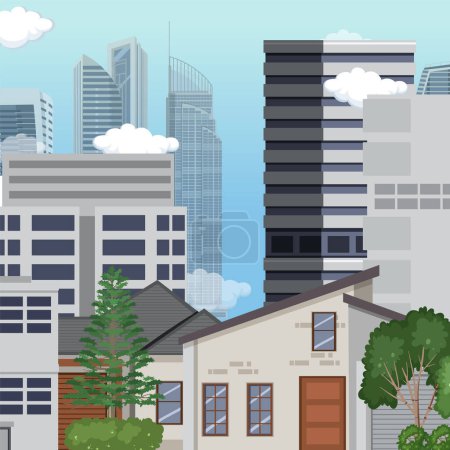 Téléchargez les illustrations : Urban landscape with high skyscrapers background illustration - en licence libre de droit