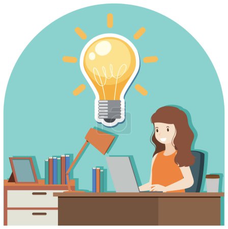 Ilustración de Light bulb with a woman working illustration - Imagen libre de derechos