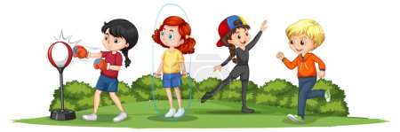 Ilustración de Happy children playing different sports illustration - Imagen libre de derechos