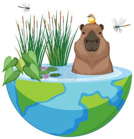 Illustration for Capybara in nature pond on half earth illustration - Royalty Free Image