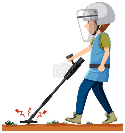 Téléchargez les illustrations : A man searching for landmine with metal detector illustration - en licence libre de droit